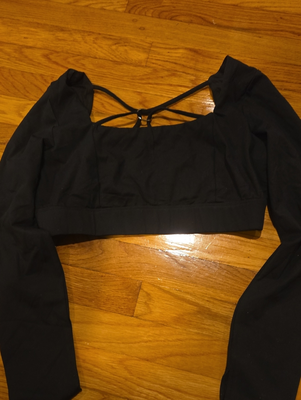 HALARA Black Long-Sleeve Crop Top with Strappy Back Detail